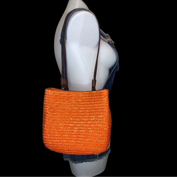 Wheat Straw Orange Bohemian Style Bucket Shoulder Bag - Picture 8 of 16